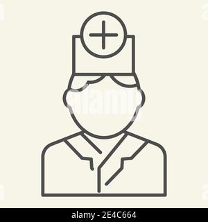 Doctor thin line icon. Medical doctor or nurse in hat with cross outline style pictogram on white background. Therapist for mobile concept and web Stock Vector