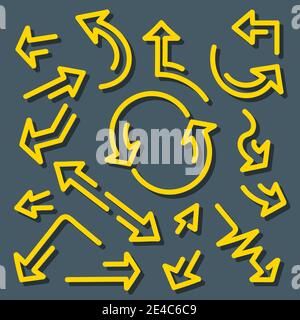 Set of yellow arrows. Grunge texture is easy to remove Stock Vector