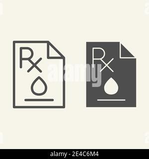 Blood test line and solid icon. RX text on paper sheet with blood drop outline style pictogram on white background. Medical report for mobile concept Stock Vector