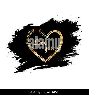 Golden heart on a black background. Stucco bone brush. Hand drawn heart brushes. Hand painted heart shape. Symbol of love Valentines day wedding greet Stock Vector