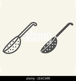 Colander line and solid icon. Handle kitchen strainer symbol, outline style pictogram on beige background. Kitchen utensils and cooking sign for Stock Vector