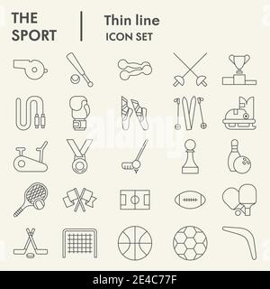 Sport thin line icon set. Fitness symbols collection or sketches. Health care signs for web and mobile concept, linear style pictogram style package Stock Vector