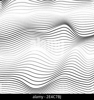 Black dotted waves, squiggle lines, white background. Monochrome op art design. Abstract deformed surface. Vector halftone pattern. Wavy curves. EPS10 Stock Vector