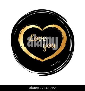Golden heart on a black background. Stucco bone brush. Hand drawn heart brushes. Hand painted heart shape. Symbol of love Valentines day wedding greet Stock Vector
