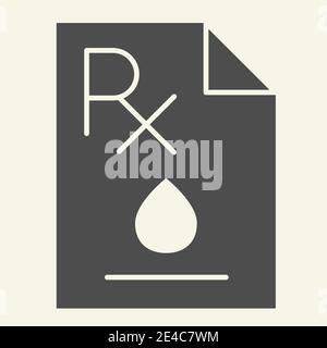 Blood test solid icon. RX text on paper sheet with blood drop glyph style pictogram on white background. Medical report for mobile concept and web Stock Vector
