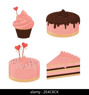 Set of detailed colorful desserts for romantic occasions Valentine day, dating, wedding in pink colours isolated on white background. Food, pastry elements, collection. Vector illustration Stock Vector