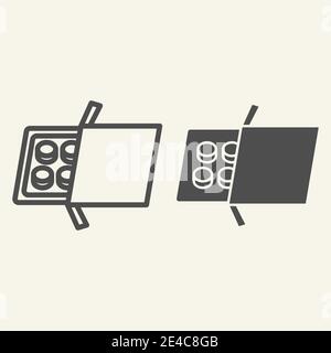 Pills plate line and solid icon. Medicine round tablets pack outline style pictogram on white background. Disease treatment and medical healthcare for Stock Vector