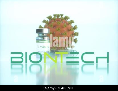 Biontech Vaccine, conceptual image for the discovery of a vaccine for the Covid-19, Coronavirus, 2019-nCoV, SARS-CoV-2. 3D illustration. Stock Photo