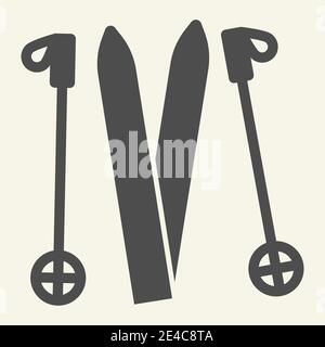 Skiing solid icon. Ski equipment glyph style pictogram on beige background. Skiing gear skis and sticks for mobile concept and web design. Vector Stock Vector