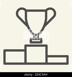 Trophy Cup on prize podium line icon. Champions or winners goblet pedestal outline style pictogram on beige background. First place award for mobile Stock Vector