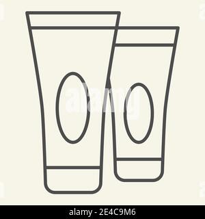 Cream tube thin line icon. Two cosmetic cream tubes symbol, outline style pictogram on beige background. Hotel cosmetics sign for mobile concept and Stock Vector