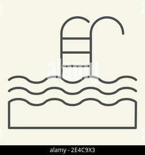 Pool thin line icon. Swimming pool with water waves and ladder symbol, outline style pictogram on beige background. Hotel leisure recreation sign Stock Vector