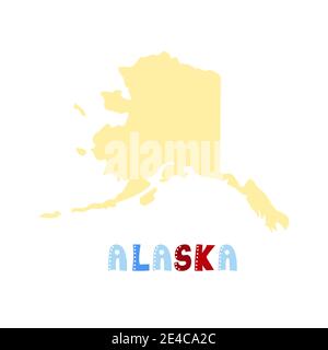 USA collection. Map of Alaska - yellow silhouette. Doodling style lettering Stock Vector
