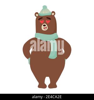 Cute shy bear full body, adorable character isolated on white background. Winter composition with snowflakes. Childish print, decoration, clip art. . Stock Vector