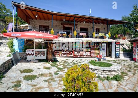 Souvenir and souvenir shop in Monodendri, Zagori Villages, Pindus Mountains, Epirus, Northern Greece Stock Photo