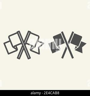 Flags line and solid icon. Two waving crossed flag outline style pictogram on beige background. Silhouette of two pennants for mobile concept and web Stock Vector