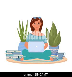Attractive woman sitting with laptop near books, plants and cup with hot beverage stock vector bright Illustration. Education, personal growth, freelance concept. In flat style Stock Vector