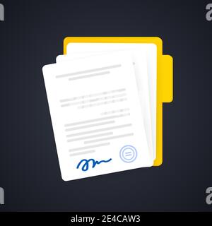 Document icon. Paper documents in folder with signature and text, contract idea. Confirmed or approved document. Stock Vector
