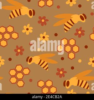 Seamless pattern with honey bees in a honeycomb - funny cute patern in cartoon style Stock Vector