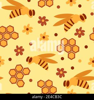 Seamless pattern with honey bees in a honeycomb - funny cute patern in cartoon style on yellow Stock Vector