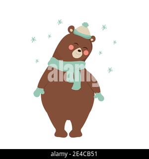 Cute shy bear full body, adorable character isolated on white background. Winter composition with snowflakes. Childish print, decoration, clip art. . Stock Vector