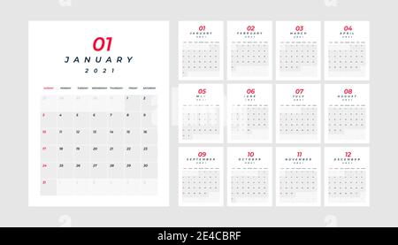 Calendar 2021, 12 month in clean minimal table simple style. Calendar 2021 template. Calendar planning week. Stock Vector