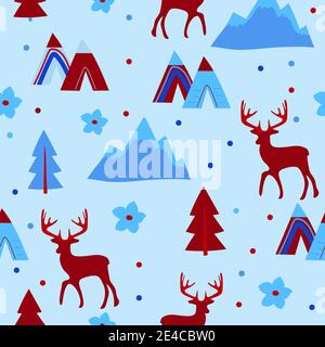Vector seamless pattern. Winter repeated texture with deer and forest tree. Blue wrapping paper with animals. Stock Vector