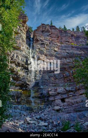 Early morning view of Cascade Falls along the Perimeter Trail in Ouray Colorado Stock Photo