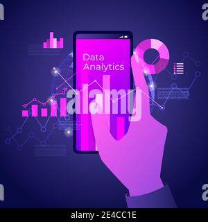 Hand holding mobile with futuristic hi-tech technology concept. Digital data analytics on smartphone with line chart and graphs. Stock Vector