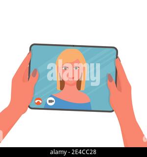 Hands holding tablet, video call, webinar concept isolated on white background. Using technology for conversation. Creative web, in flat style. . Vector illustration Stock Vector