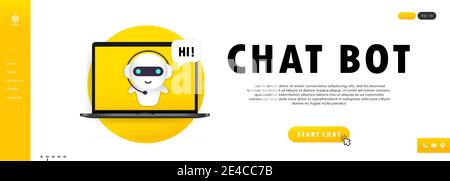 Chatbot in laptop illustration. Online assistant bot landing page template. Stock Vector