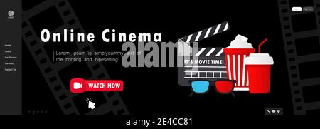 Online cinema banner. Watch now button. Movie watching with popcorn, 3d glasses and film-strip cinematography concept. Stock Vector
