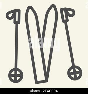 Skiing line icon. Ski equipment outline style pictogram on beige background. Skiing gear skis and sticks for mobile concept and web design. Vector Stock Vector