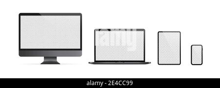 Realistic computer monitor, laptop, tablet and mobile phone icon set. Dark theme. Stock Vector
