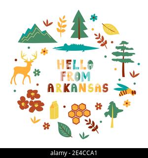 USA collection. Hello from Arkansas theme. State Symbols round shape card Stock Vector