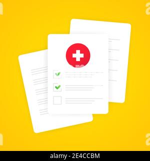 Medical form list with results data and approved check mark vector illustration. Clinical checklist document with checkbox, insurance or medicine serv Stock Vector