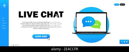 Live chat banner. Message icon in flat design on laptop. Communication. Conversation sign. Stock Vector