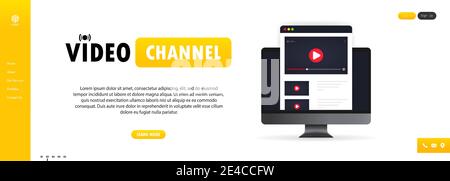 Video channel illustration. Watching vlog, webinars, lecture, lesson or training online on computer. Stock Vector