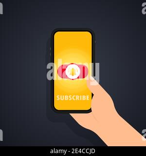Subscribe button template with the notification bell on smartphone screen in hand. Subscribe red button sign in social media. Vector on isolated white Stock Vector