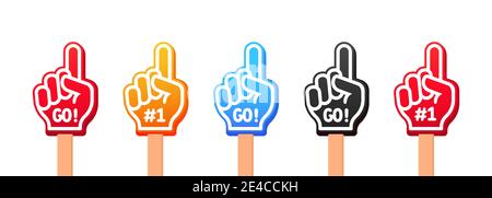 Hand up with Go text. Sport team fans. Raised hands wearing foam fingers. Stock Vector