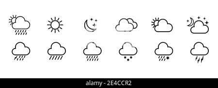 Set of weather icons. Weather logo, line icon. Raining, sunny, snowing, cloudy on isolated white background. EPS 10 vector Stock Vector