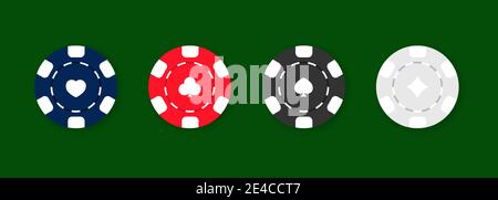 Casino chips icon set. Poker. Blue, red, black and green chips. Vector on isolated green background. EPS 10 Stock Vector