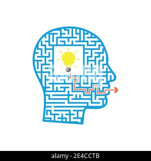 Head-shaped maze with a light bulb in the center and an arrow coming out of its mouth. Vector illustration. Stock Vector