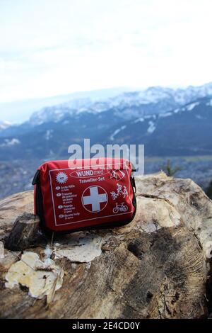 View from the Königsstand (1453m) on the Kramer to Garmisch-Partenkirchen, Upper Bavaria, Bavaria, Germany Bavarian Alps, Werdenfelser Land, first aid bag, suitcase Stock Photo