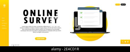 Online survey illustration. Check list online form on laptop. Report on website or web internet survey, exam checklist. Stock Vector