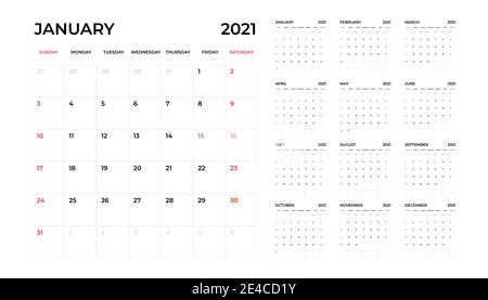 Calendar 2021, 12 month in clean minimal table simple style. Calendar 2021 template. Calendar planning week. Stock Vector