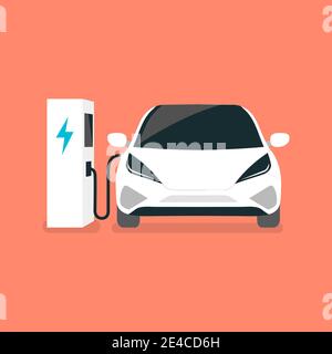 Modern electric car charges on an electric vehicle EV charging station point. Stock Vector