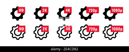 Gears with quality signs. Video quality symbol HD, 2K, 4K, 720p, 1080p icon Stock Vector