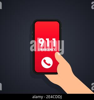 Call 911 icon. Emergency call concept. Hand holding smartphone, finger touching call button call 911. Vector flat design. Mobile phone. Finger touch s Stock Vector