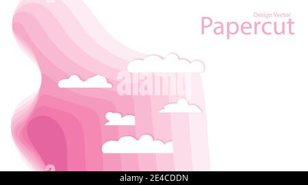 Abstract pink wave background with clouds. Paper cut style vector design illustration. Stock Vector